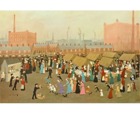 Helen Bradley (1900-1979), signed colour print, "Hollinwood Market".  46 x 69 cm, signed in pencil to margin with gallery sta