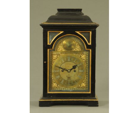 A black and gilt painted bracket clock, with brass dial and two train fusee movement with crown wheel and bob pendulum.  Heig