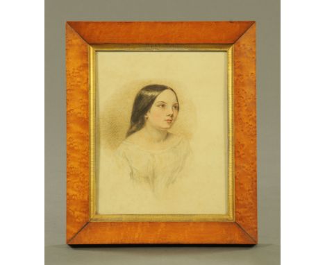 Victorian school, watercolour, half length portrait of a young girl ready for bed, 19 x 15 cm, monogrammed H C, in figured ma