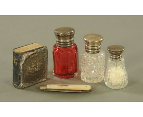 A Victorian silver mounted ruby cut glass scent bottle, 6.5 cm high with integral stopper, the mount hallmarked for Birmingha