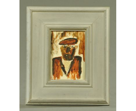 In the manner of Josef Herman (1911-2000), a portrait of a gentleman wearing a flat cap.  16 x 11 cm, framed and with label t