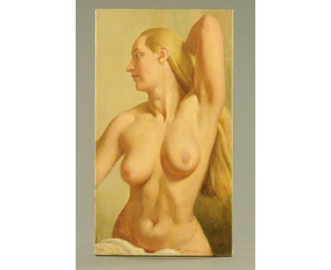Early 20th century school, oil painting, three quarter length portrait of a nude woman.  Canvas 83 x 46 cm, with signature "L