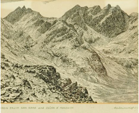 Alfred Wainwright (1907-1991), an original pen and ink drawing "Bidein Druin Nan Ramh and Sgurr A' Mhadaidh", original sketch