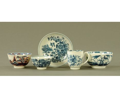 A Liverpool Pennington tea bowl, a Worcester Fence pattern saucer, tea bowl and large bowl each with crescent mark, together 