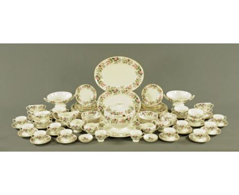 A Wedgwood Hathaway Rose patterned tea and dinner service, comprising soup tureen with circular stand, 2 serving bowls, 2 gra