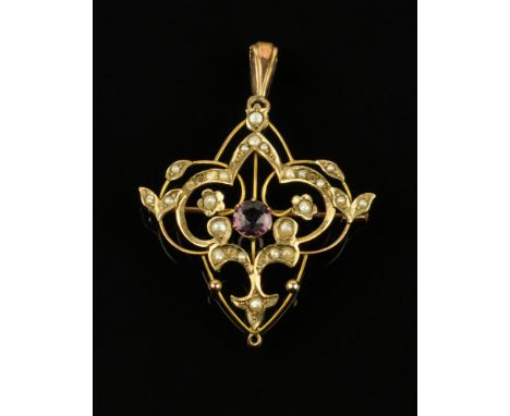An Edwardian 9 ct gold seed pearl and amethyst pendant, stamped 9 ct, 5 cm (including hanger) x 4 cm.