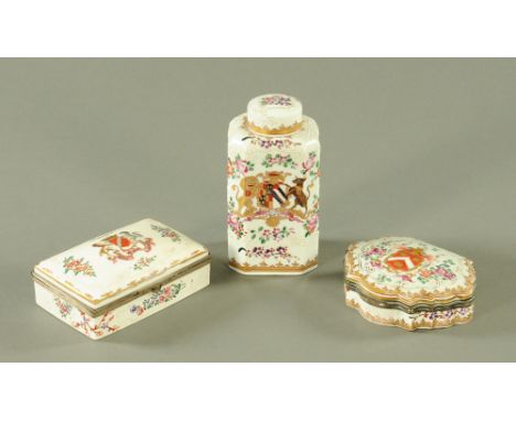 Two Sampsons of Paris porcelain armorial caskets, each with metal mounts together with a caddy.  Caddy height 15 cm, each box