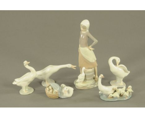 A collection of six Lladro figures, geese and swans.  Tallest 24 cm.