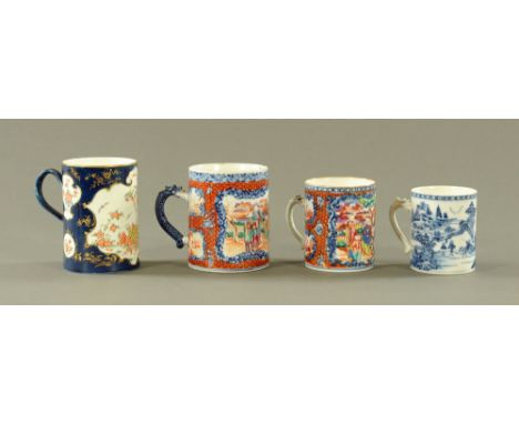 Four late 18th/early 19th century cylindrical mugs, including Worcester style and three with dragon handles.  Tallest 15 cm. 