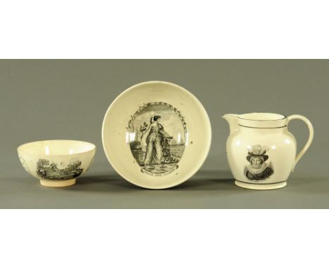 An early 19th century creamware jug, printed with "Caroline Queen of England" and verso "The Late and Much Lamented Princess 