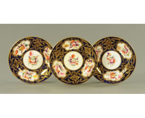 Three 19th century Worcester style hand painted plates.  Diameter 22 cm.
