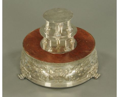 A silver plated three tier traditional wedding cake stand. Largest tier diameter 42 cm. CONDITION REPORT: The two upper tiers