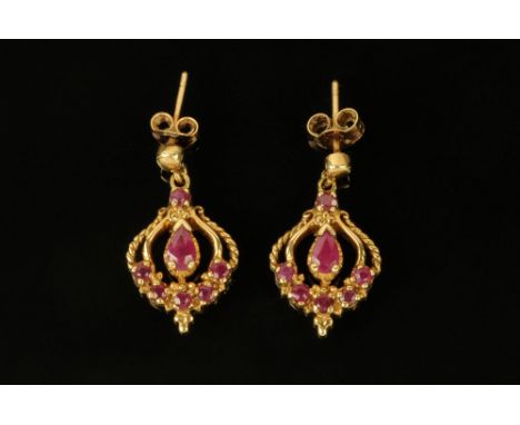 A pair of 9 ct gold ruby and diamond drop earrings, stamped 375.