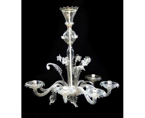 Murano glass chandelier, with six branches, decorated with leaves and daffodils, with three spare leaves.90cm drop.Condition 