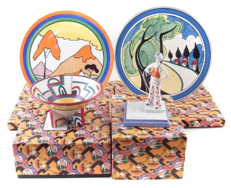 Two Wedgwood Clarice Cliff chargers a bowl and Orange Lady figure, boxed, decorated with May Avenue and Tennis pattern.The ch