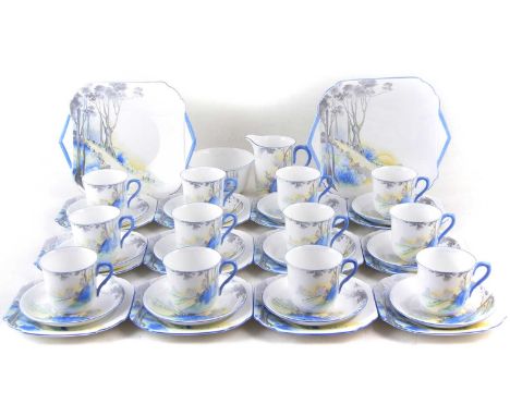 Shelley twelve piece tea service, decorated with bluebell wood pattern, to include twelve trios, two cake plates, cream jug a