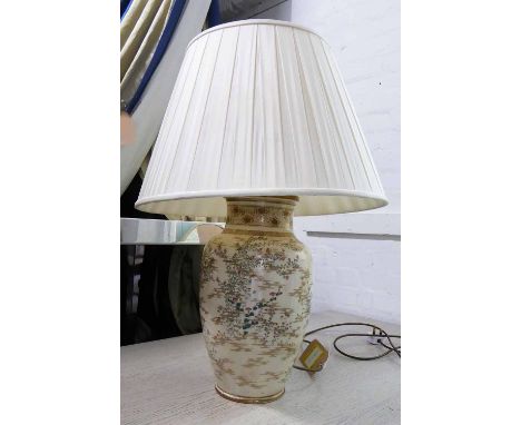 TABLE LAMP, in an Oriental floral design with a pleated shade, overall 71cm H including shade.