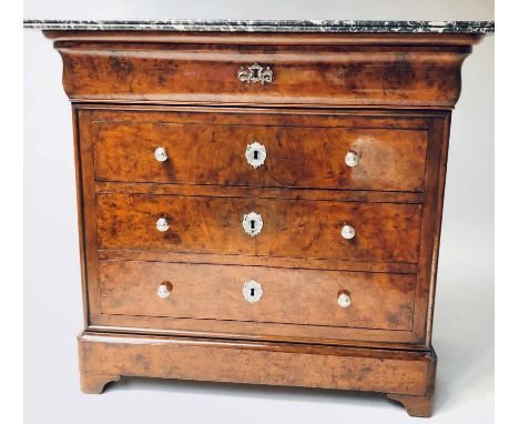 COMMODE, 19th century French Louis Philippe burr walnut of small proportions with four drawers and St Annes grey white marble