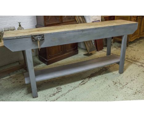 WORKBENCH, vintage rectangular hardwood with vice and stretchered base, 94cm H x 213cm x 44cm.
