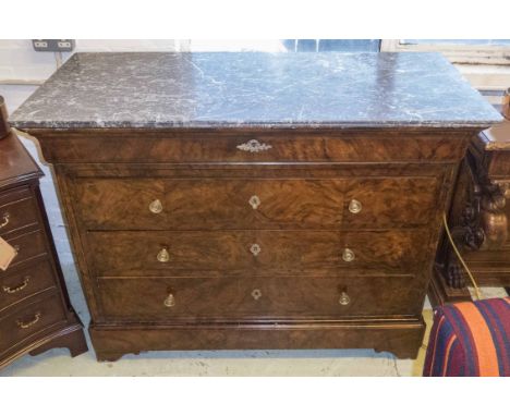 COMMODE, 19th century, French Louis Philippe figured walnut, with four long drawers and St  Annes grey marble top, 99cm H x 1