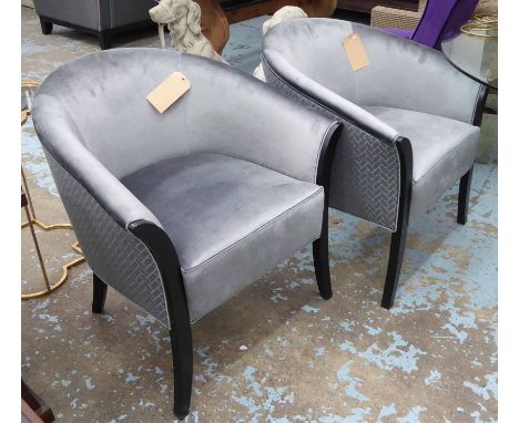 TUB CHAIRS, a pair, Art Deco style, in grey upholstery on splayed ebonised legs, 72cm x 75c, x 78cm. (2)