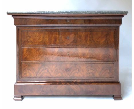 COMMODE, 19th century French Louis Philippe flame mahogany with St Annes variegated grey, white and black marble top above fi