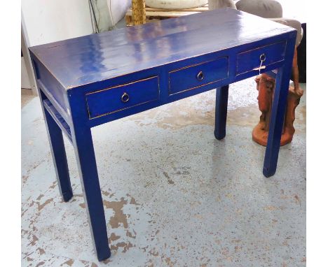 CONSOLE TABLE, Chinese with three frieze drawers in a blue lacquered finish, 106cm W x 84cm H x 49cm D.