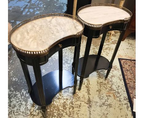 BEDSIDE TABLES, a pair, early 20th century French ebonised with brass galleried marble tops over single drawer and undertier 