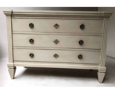 COMMODE, 19th century Gustavian style traditionally grey painted with three long drawers and tapering supports, 117cm x 48cm 