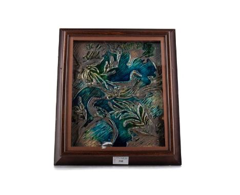 ARTS &amp; CRAFTS GLAZED CERAMIC TILE PLAQUE,decorated with birds in relief, framed, 57cm x 31cm overall