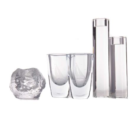 PAIR OF SWEDISH STROMBERGSHYTTAN GLASS VASES,each with wheel-engraved decoration of a ship, both signed, 11cm high, along wit
