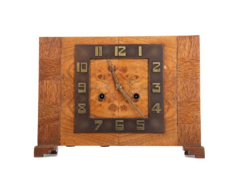 DUTCH SCHOOL ART DECO MANTEL CLOCK,with two train, striking movment, the square chapter ring with Arabic numerals in brass, t