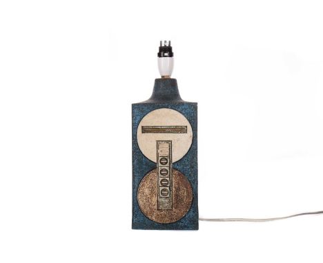 TROIKA POTTERY BRICK SHAPED LAMP BASE,by Avril Bennett, circa 1973-79, with geometric textured designs on a blue, cream and b
