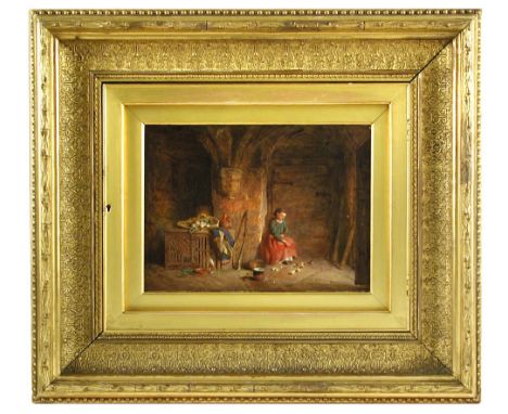 Alfred Provis (British, fl. 1843-1886) A girl in a crypt feeding chicks signed lower left 'A Provis 1874' oil on panel in loc