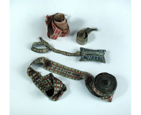 Eight Jacobite ribbons together with a ribbon ended pin cushion, the two pairs of pink ribbons woven with the wording 'No Sta