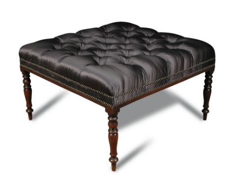 A 19th century mahogany stool, button upholstered in black satin, on turned legs 56 x 92 x 92cm (22 x 36 x 36in)  