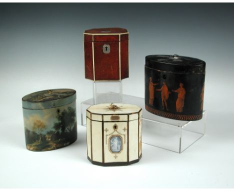 A George III red scrim single compartment tea caddy, the canted rectangular hinged lid with central silvered oval within the 