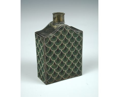 An 18th century beaded brass tea caddy and cover, worked with a white edged fish scale pattern in blue and green, 13.5cm (5.2