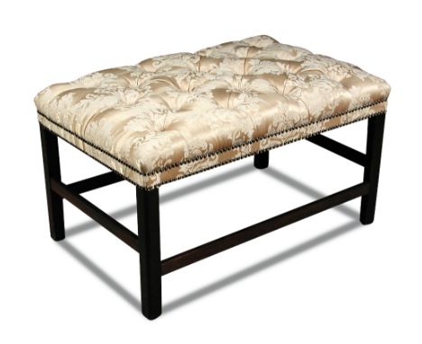 A George III mahogany framed stool, button upholstered in silk damask fabric, on square chamfered legs 48 x 85 x 55cm (19 x 3