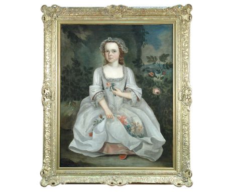 English School (18th Century)  Portrait of Miss Barbara Read of Tremere, Cornwall, (1789-1852) as a young girl, seated, holdi