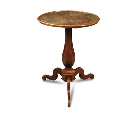 A 19th century Dutch maplewood tripod table, a tray top with quarter veneers, on an octagonal baluster column and scroll legs