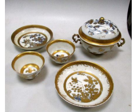 A 'Dot' period Meissen covered bowl ensuite with a pair of tea bowls and saucers, the blue and white painting of birds in flo