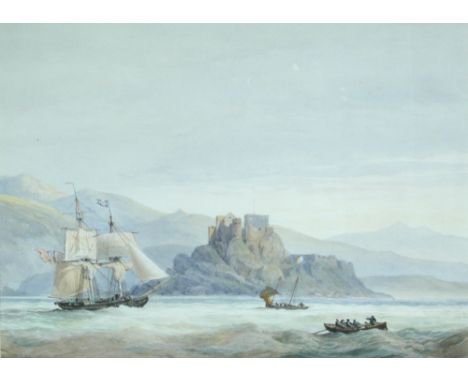 John Christian Schetky (British, 1778-1874) Dunottar Castle off the Coast in Aberdeenshire, with a British frigate, a fishing