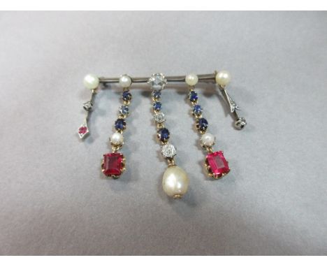 A French late 19th or early 20th century gem set fringe brooch, designed as a knife-edge bar with a central 5-6mm rose cut di