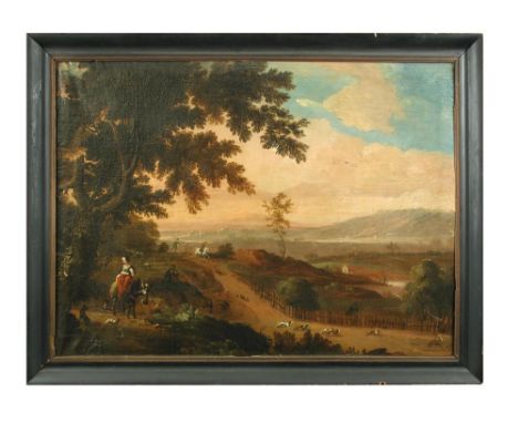 Anglo-Dutch School  (late 17th Century) An extensive landscape with a stag hunt, with a milkmaid on a donkey in the foregroun