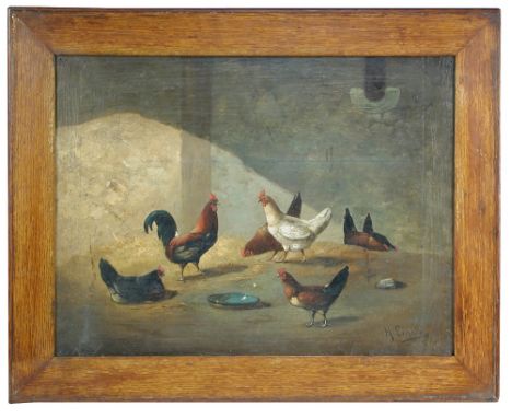 H Lemaire (Belgian, 19th Century) Farmyard with chickens oil on panel 37 x 50cm (14 x 20in)  Paint layer is stable. There are