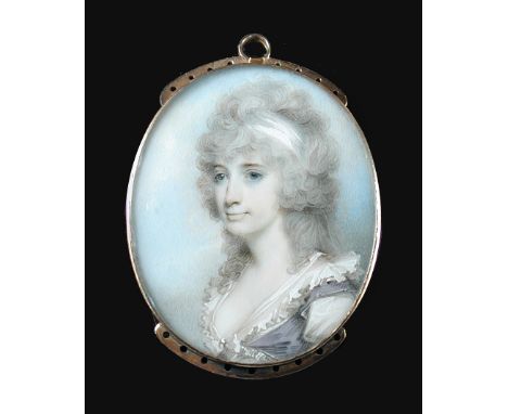 George Engleheart (English, 1750-1829) Portrait miniature of Mrs Cookson, in a lilac dress, with white frilled collar, a whit