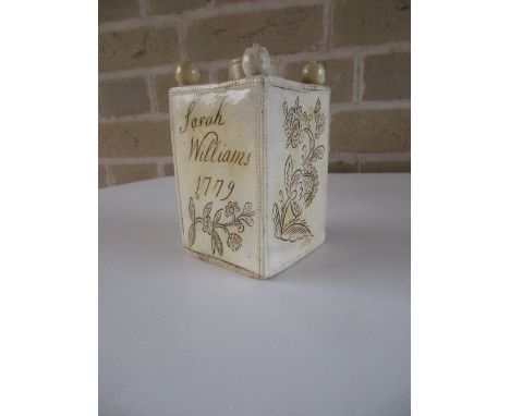 Sarah Williams 1779', a scratch decorated cream ware tea caddy, ball finials at the top of the square sectioned body on the s