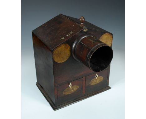 An early Victorian mahogany ballot box, of architectural form fitted with a circular aperture, the top and two fitted drawers
