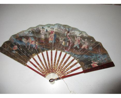 An early 19th century Chinese painted fan with Regency alterations, the paper leaf painted on one side with ivory headed chil